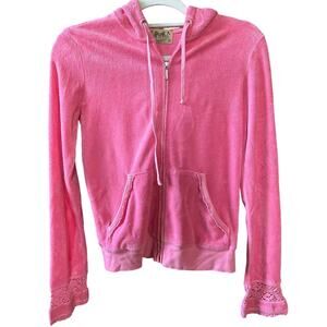 Juicy Couture Pink Terry Cloth Zip Hoodie Crochet Lace Cuffs Vintage Y2K USA